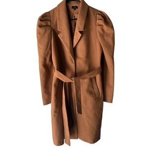 Ontwefth Tan Brown Belted‎ Coat Womens Size S Puffy Sleeves Lined Long Preppy